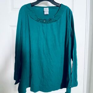Just My Size Teal Long Sleeve Scoop Neck Top with Bead Accents